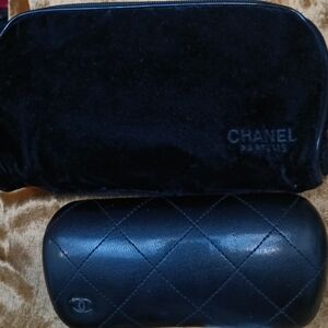 CHANEL Black Quilted Glasses Case & Velvet Cosmetic Bag